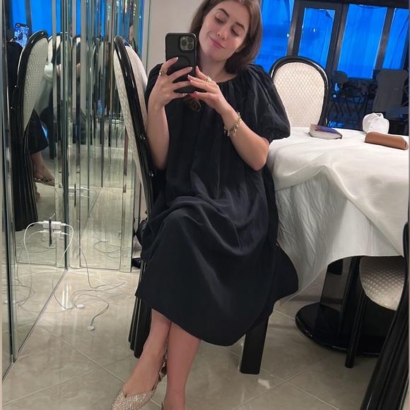 cos linen blend puff sleeve dress navy - Picture 4 of 4